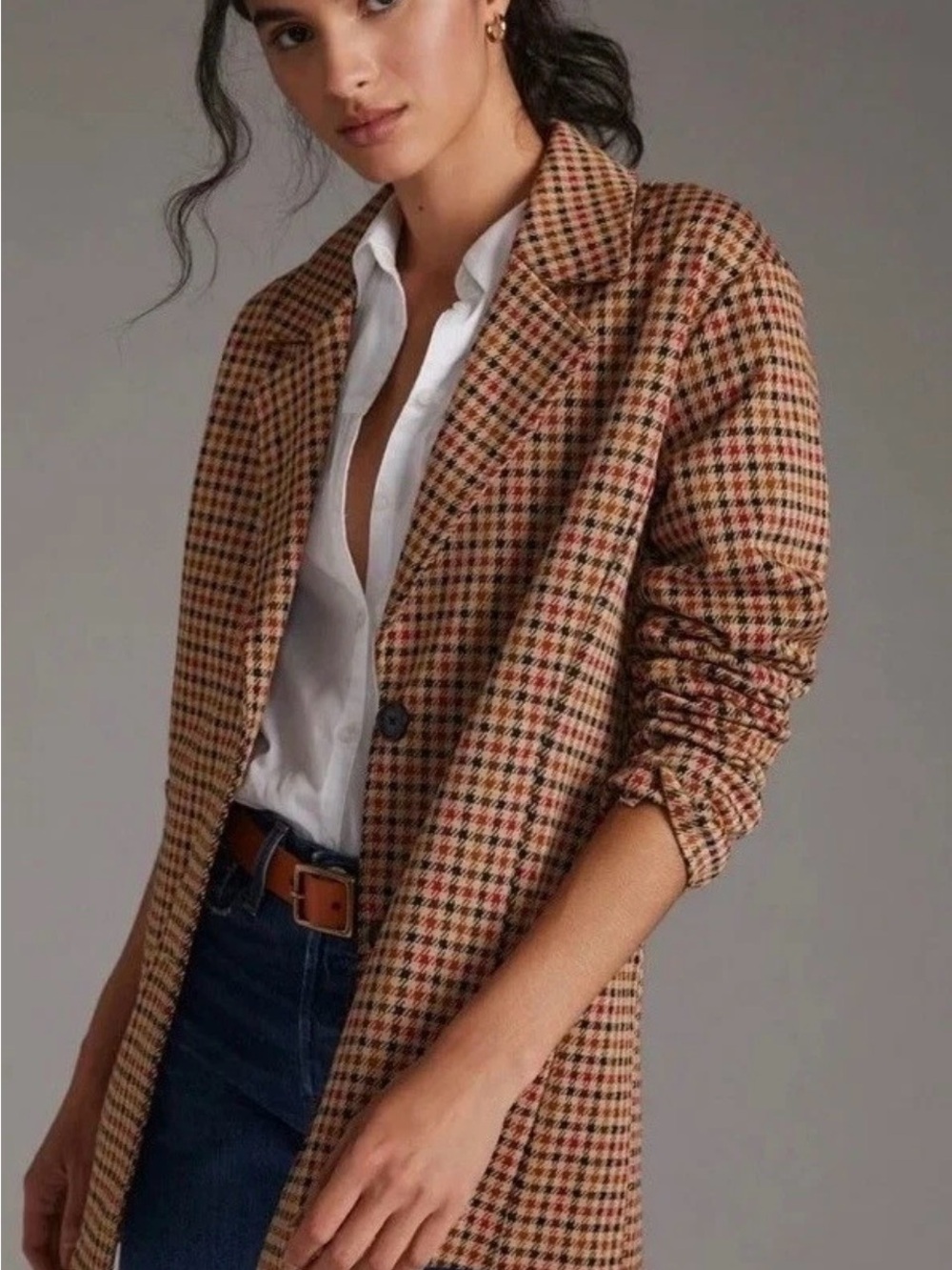Anthropologie AVEC LES FILLES Brown Long Line Plaid Blazer Jacket